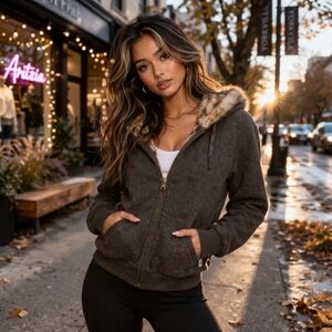 Aritzia TNA Y2K Brown Faux Fur Hoodie Zip-Up Cotton Blend Sherpa Lined Jacket